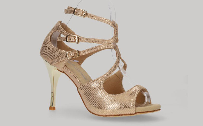 Chaussure de danse de salon et de tango couleur champagne métallisé fantaisie