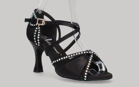Chaussure de danse de salon noire avec strass en cristal sur la tige et le talon
