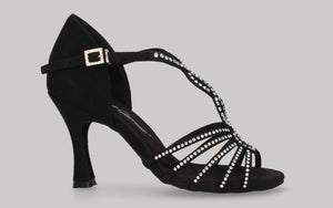 Chaussure de danse de salon en daim noir avec strass en cristal sur les brides et la tige