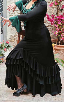 Jupe de flamenco noire à 3 volants, ajustée aux hanches