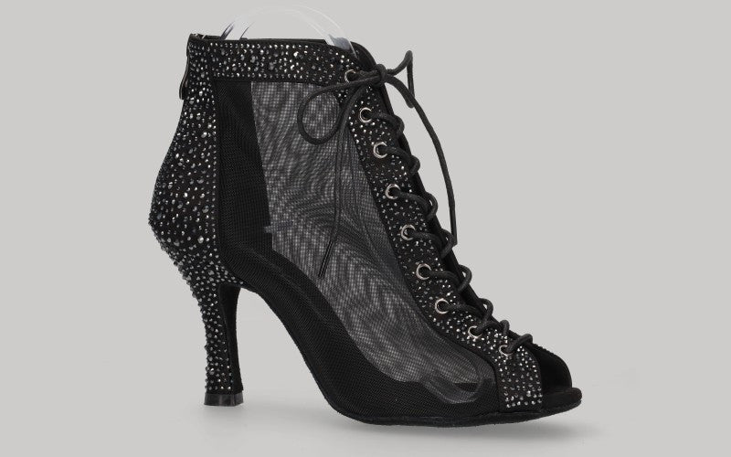 Botte de danse de salon noire à lacets avec strass en cristal sur la tige et le talon