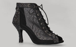 Botte de danse de salon noire à lacets avec strass en cristal sur la tige et le talon