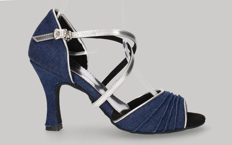 Chaussures de danse de salon en denim bleu avec brides croisées argentées