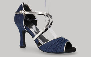 Chaussures de danse de salon en denim bleu avec brides croisées argentées
