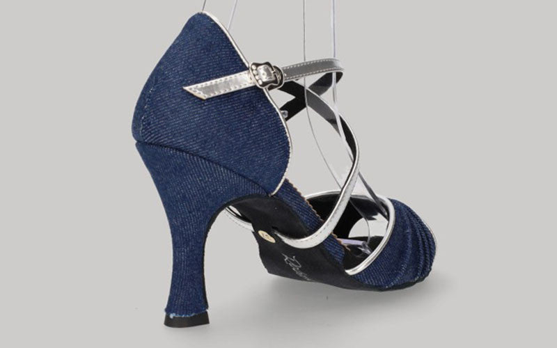 Chaussures de danse de salon en denim bleu avec brides croisées argentées