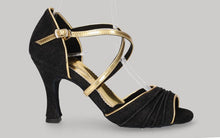 Chaussures de danse de salon en denim noir avec brides croisées dorées