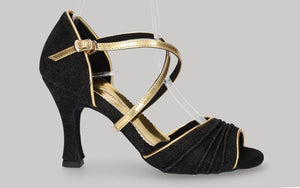 Chaussures de danse de salon en denim noir avec brides croisées dorées
