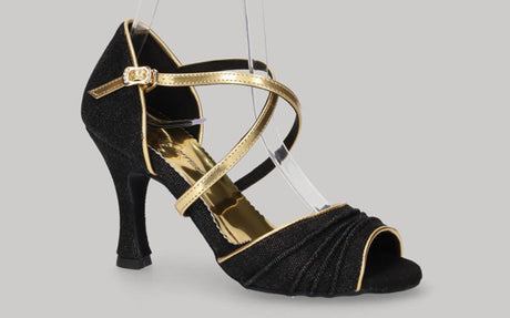 Chaussures de danse de salon en denim noir avec brides croisées dorées