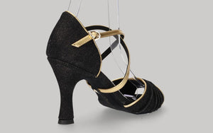 Chaussures de danse de salon en denim noir avec brides croisées dorées