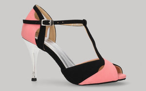 Chaussure de danse de salon et de tango combinée en daim noir et rose