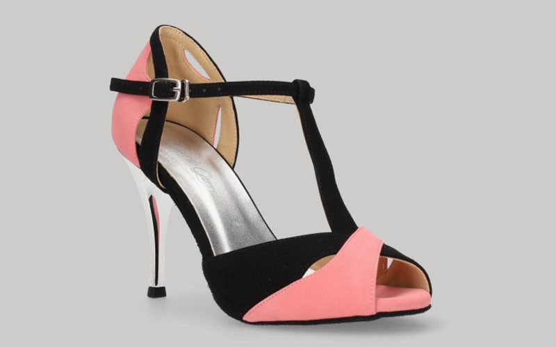 Chaussure de danse de salon et de tango combinée en daim noir et rose