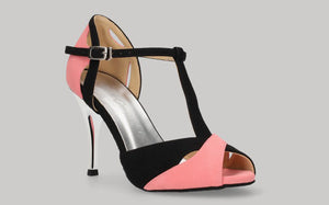 Chaussure de danse de salon et de tango combinée en daim noir et rose