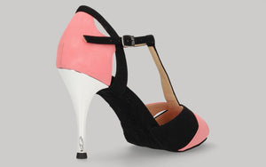 Chaussure de danse de salon et de tango combinée en daim noir et rose