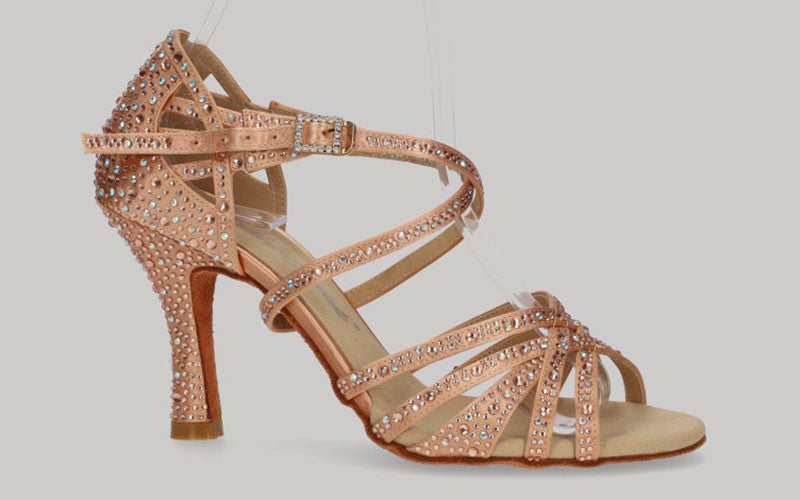 Chaussure de danse de salon couleur champagne avec plusieurs strass en cristal