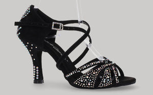 Chaussure de danse de salon en daim noir avec plusieurs strass en cristal