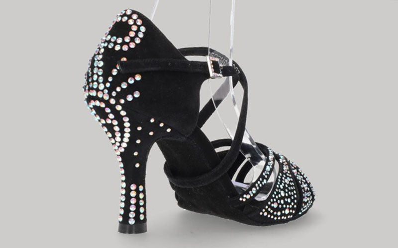 Chaussure de danse de salon en daim noir avec plusieurs strass en cristal