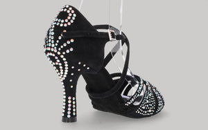 Chaussure de danse de salon en daim noir avec plusieurs strass en cristal