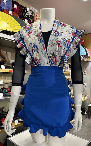 Conjunto Delantal y Mantoncillo Flamenco Azul y Blanco con Flores