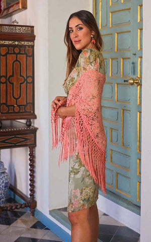 Coral Red Lace Shawl with Fringes