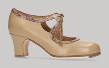 Zapato de Baile Flamenco Profesional Piel Beige y Fantasía Con Cordones