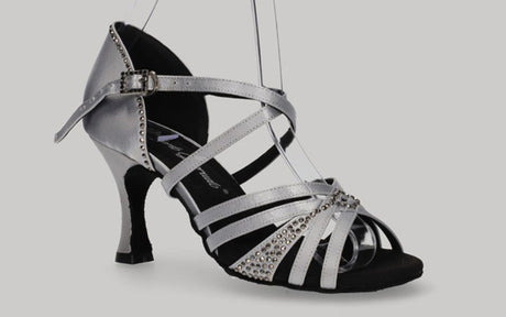 Chaussure de danse de salon argentée avec strass en cristal sur la tige et le talon