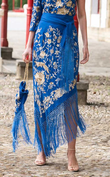 Jupe Solera bleue brodée de fleurs et d'oiseaux en châle