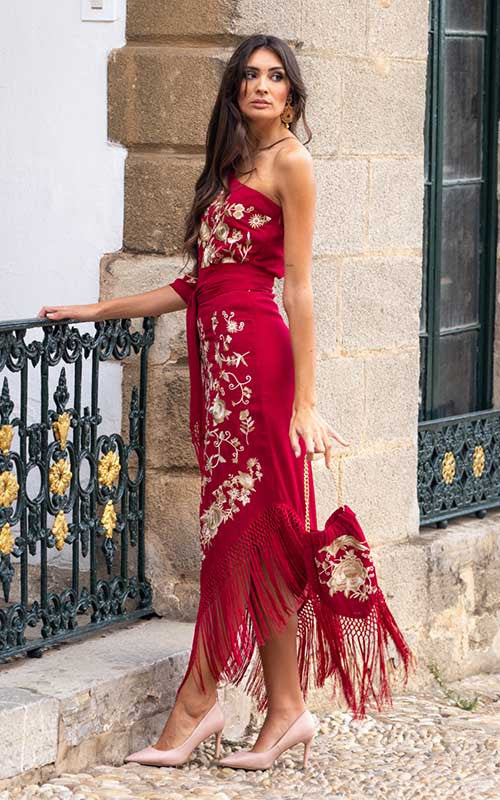 Jupe Solera bordeaux brodée de fleurs et d'oiseaux châles