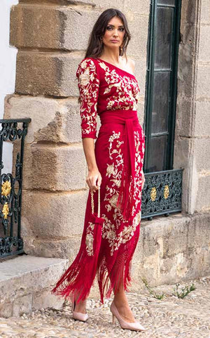 Jupe Solera bordeaux brodée de fleurs et d'oiseaux châles