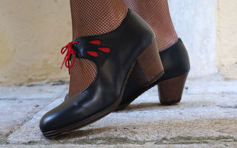 Professional black leather flamenco dance shoe with Cuban heel