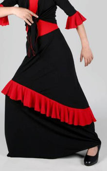 Falda de Flamenco de Niña Negra con Volante Inclinado Rojo