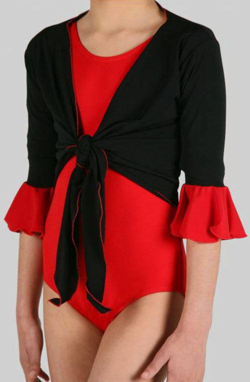Cardigan de Flamenco de Niña Negro con Volante Rojo en Manga