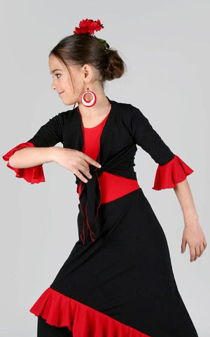 Cardigan de Flamenco de Niña Negro con Volante Rojo en Manga