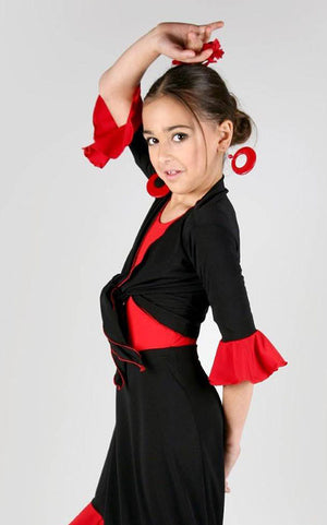 Cardigan de Flamenco de Niña Negro con Volante Rojo en Manga
