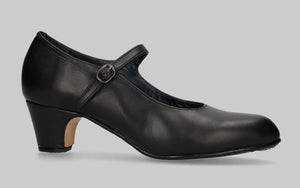 Chaussure de danse flamenco semi-professionnelle, cuir noir, talon bas