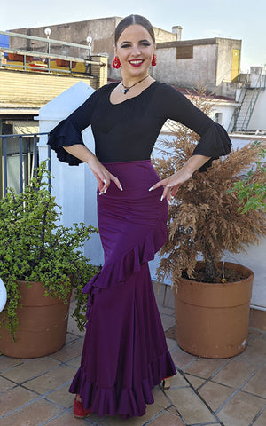 Jupe flamenco aubergine à volants en diagonale